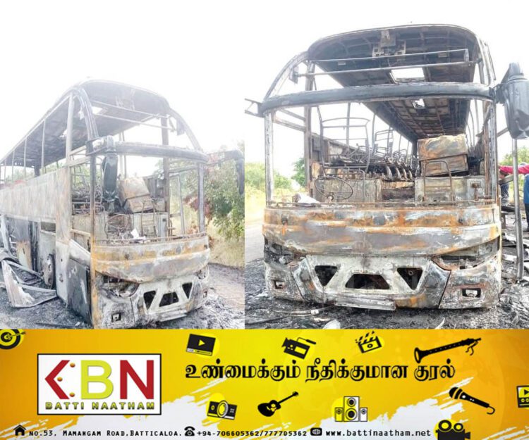 யாழிலிருந்து கொழும்பு நோக்கி சென்ற அதிசொகுசு பேருந்து; முற்றாக எரிந்து தீக்கிரை!