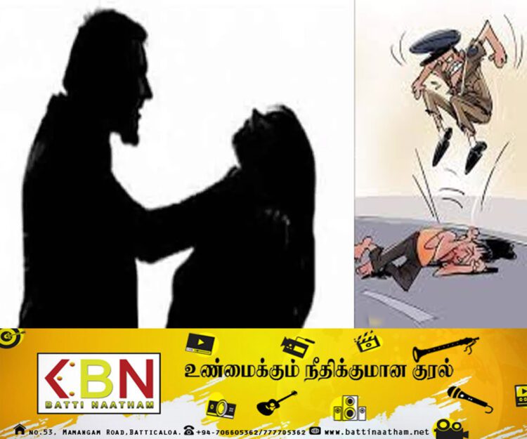 யாழில் பெண்ணொருவரின் கழுத்தை நெரித்து காலால் உதைத்த பொலிஸார்!