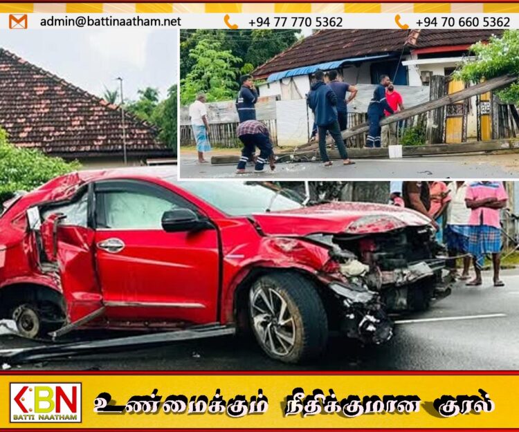 மட்டு கிரான்குளத்தில் வீதியை விட்டு விலகி மின்கம்பத்தில் மோதிய கார்