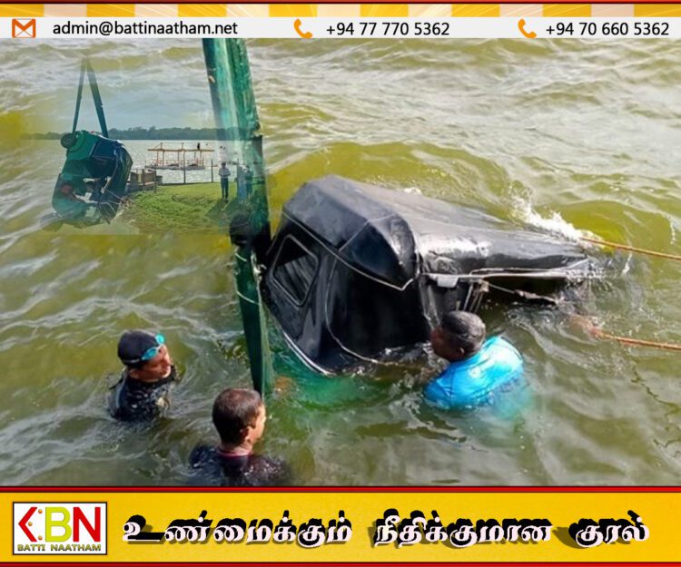 அநுராதபுரத்தில் வீசிய பலத்த காற்றில் வாவிக்குள் தூக்கி வீசப்பட்ட முச்சக்கரவண்டி