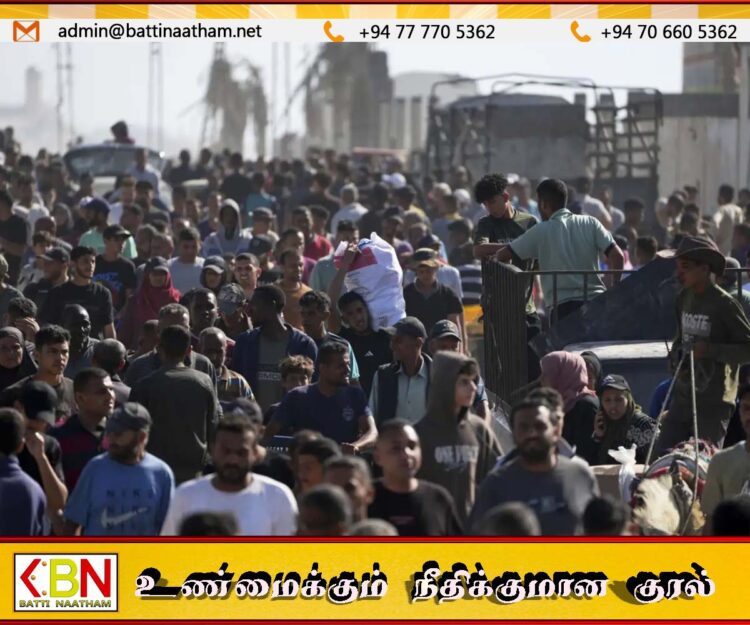 உணவை தேடி பல மைல் நடந்த பாலஸ்தீனிய மக்கள் உணவு வழங்கும் பகுதிக்குள் பெருமளவில் திரண்டதால் இஸ்ரேலிய படையினர் துப்பாக்கி பிரயோகம்