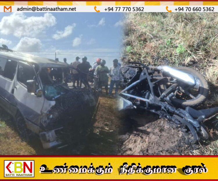 கிளிநொச்சியில் கயஸ் வாகனமும் மோட்டார் சைக்கிளும் நேருக்கு நேர் மோதி தீக்கிரை