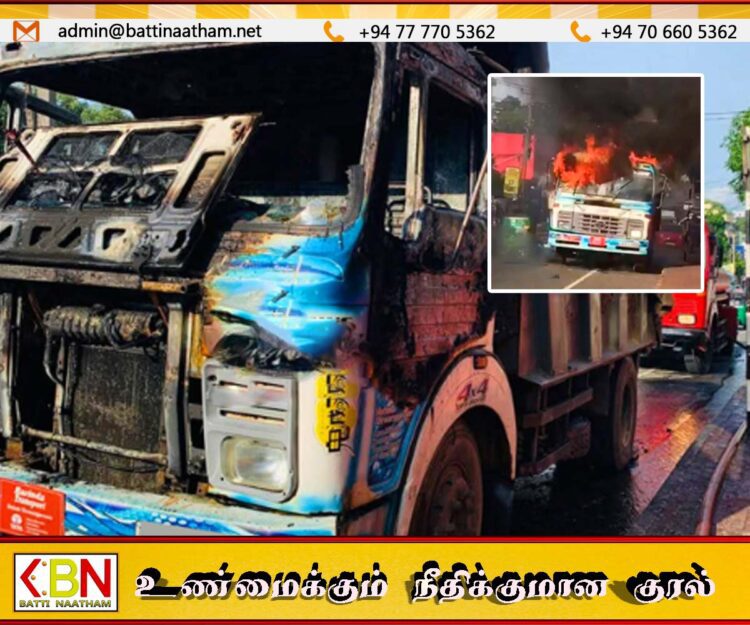 தெஹிவளை வீதியில் திடீரென தீப்பற்றி எரிந்த டிப்பர் வாகனம்