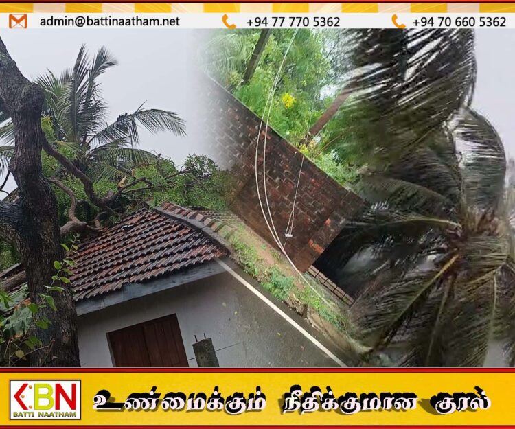மட்டக்களப்பில் மழையுடன் கடும் காற்று; சில கூரைகள் சேதம்