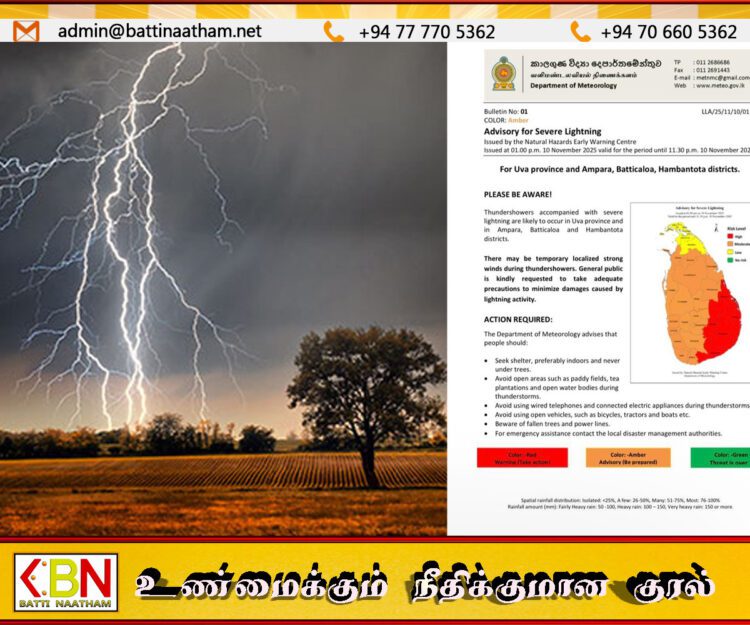 மட்டக்களப்பு உட்பட 5 மாவட்ட்ங்களுக்கு மின்னல் தாக்கம் குறித்து சிவப்பு எச்சரிக்கை!