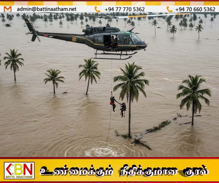 இலங்கை வெள்ளதில் பலர் பாதிப்பு ; தென்னை மரத்திலிருந்தவரை மீட்க வந்த ஹெலிகொப்டர்
