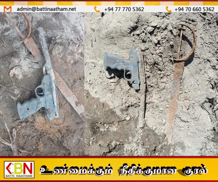 ஏறாவூரில் நிலத்தை தோண்டும் போது பழுதடைந்த கைத்துப்பாக்கி போன்ற ஆயுதம் மற்றும் வாள் ஒன்று மீட்பு