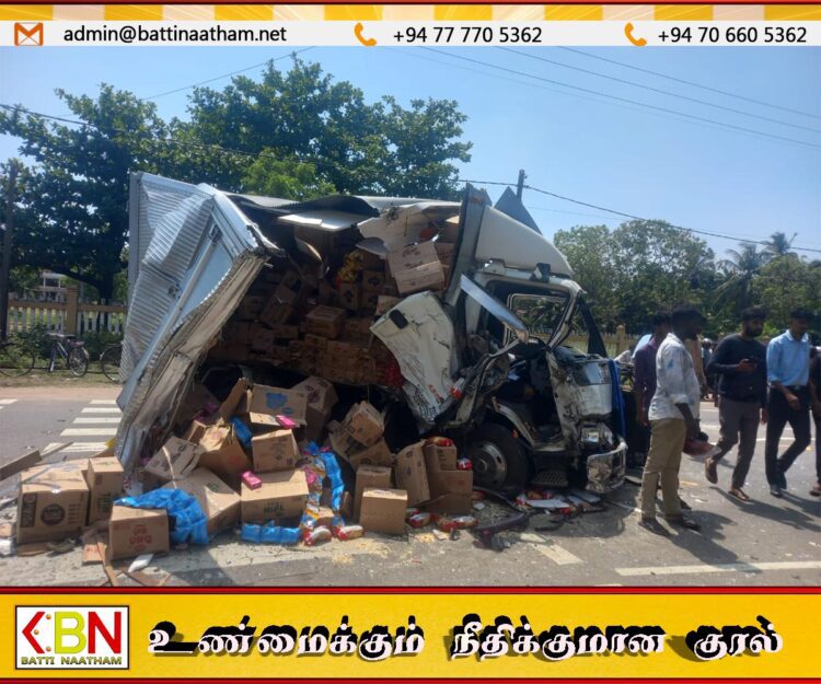 வந்தாறுமூலை மத்திய மகா வித்தியாலயம் முன்பாக தனியார் பஸ் வண்டி- பிஸ்கட் லொறி விபத்து; 5 பேர் வைத்தியசாலையில்